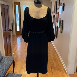 Women's Black Scoop Neck Midi Dress with Belt